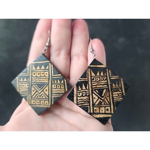 Handpainted Bohemian Wooden Square Shaped Dangling Earrings Vintage NOS - Picture 5 of 10